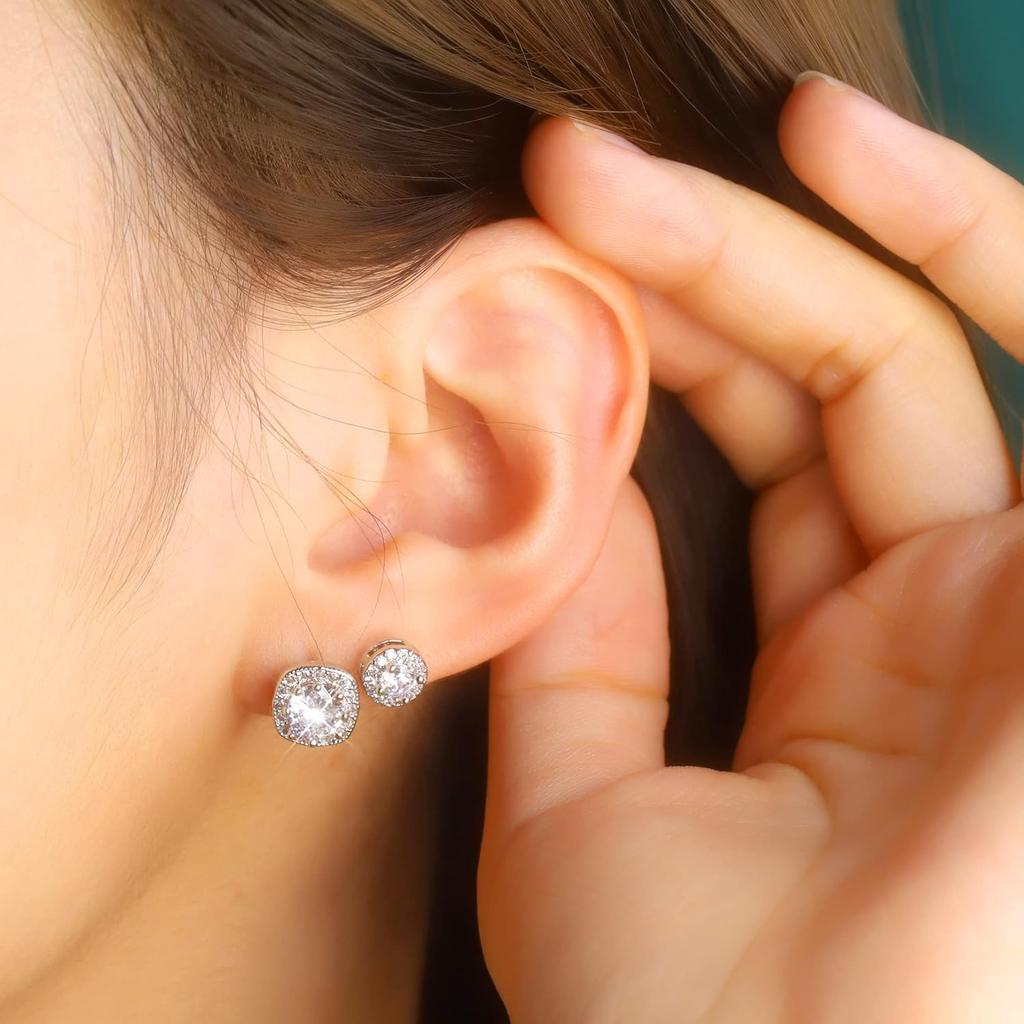 Hypoallergenic Silver Stud Earrings for Women Cubic Zirconia Halo Round Heart Square Diamond Large Silver Stud Set Earring