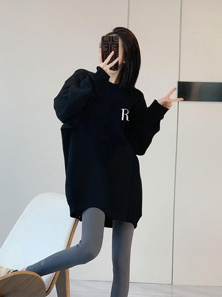 Women's Black Oversized Long Sleeve T-Shirt Sweatshirt - Korean Style, Mid-Length, Hip-Covering for Spring and Autumn