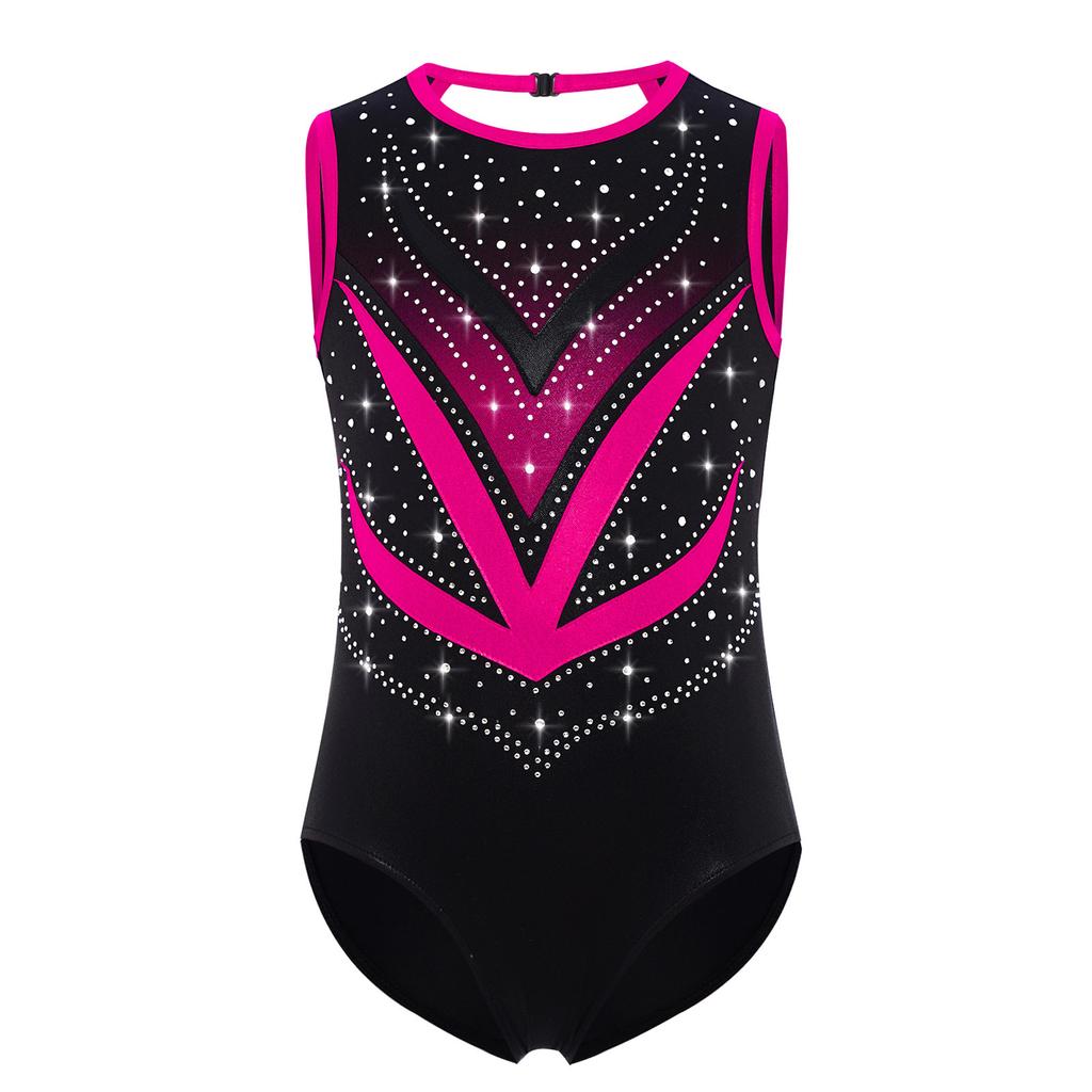 Girls Gymnastics Leotard Sleeveless Crisscross Cutout Back with Mesh Patchwork Shiny Rhinestones Bodysuit