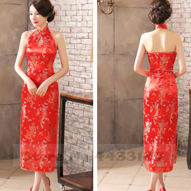 Сексуальное без спинки без рукавов Ципао Женское Ретро Классическое Брокат Китайское Платье Ципао Большого Размера Дракон и Феникс Vestidos S