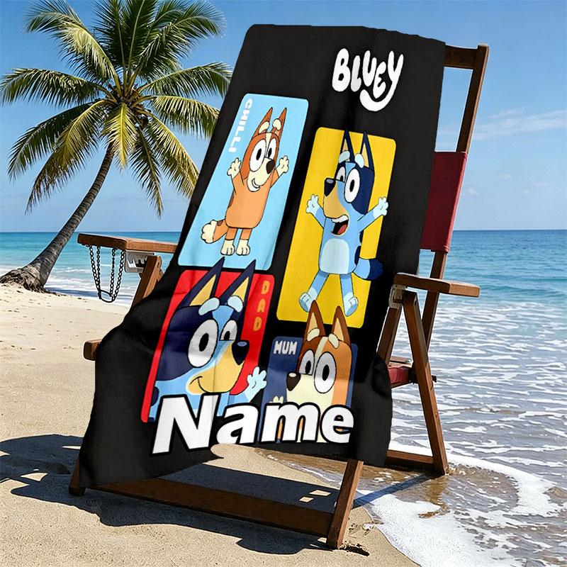 Custom Name Personalized Bluey Print Beach Towel, for Trip Camping Beach Party Home Decor, Birthday Gift for Family & Friends