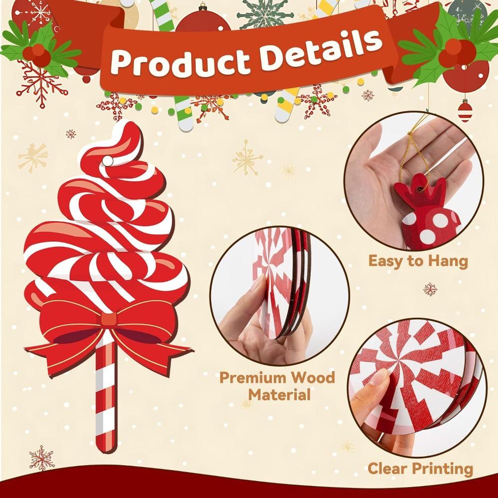 Christmas Candy Cane Wooden Ornaments,Tree Hanging Decor, Holiday Party Home Window Christmas Decoration Accessories