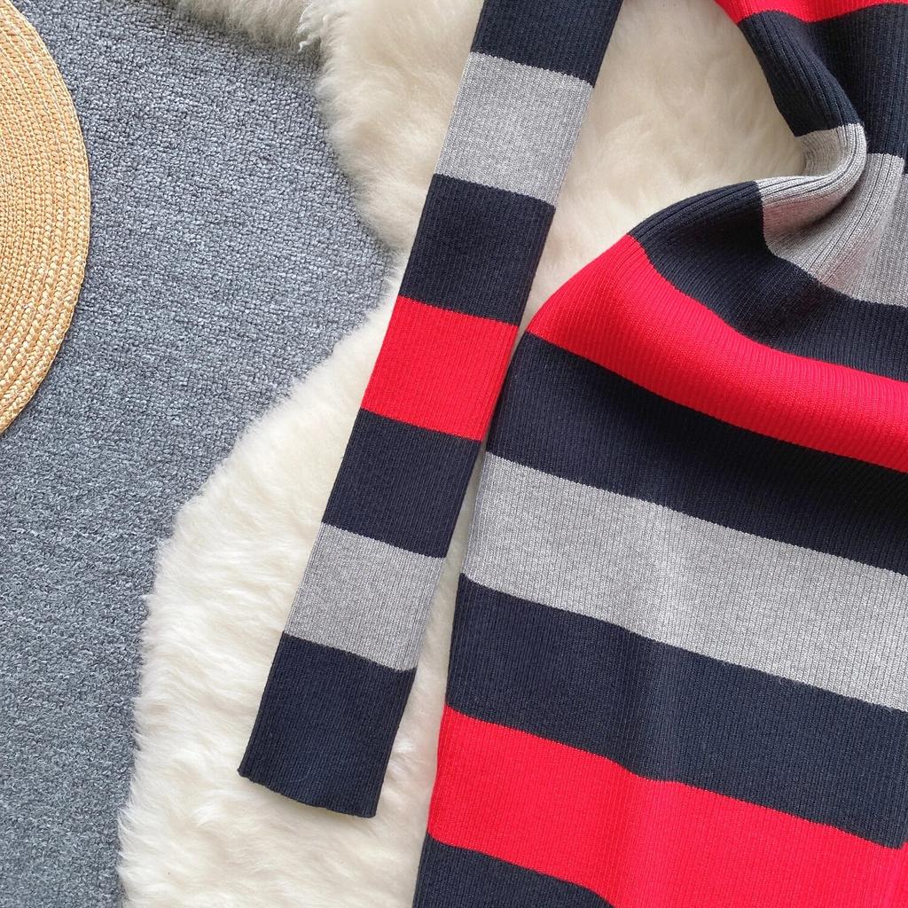 Rochie șic cu dungi pe jumătate guler înalt, tricot elastic, bodycon, cu mânecă lungă, pentru femei, la modă sexy, rochie de primăvară, subțire, rochie creion