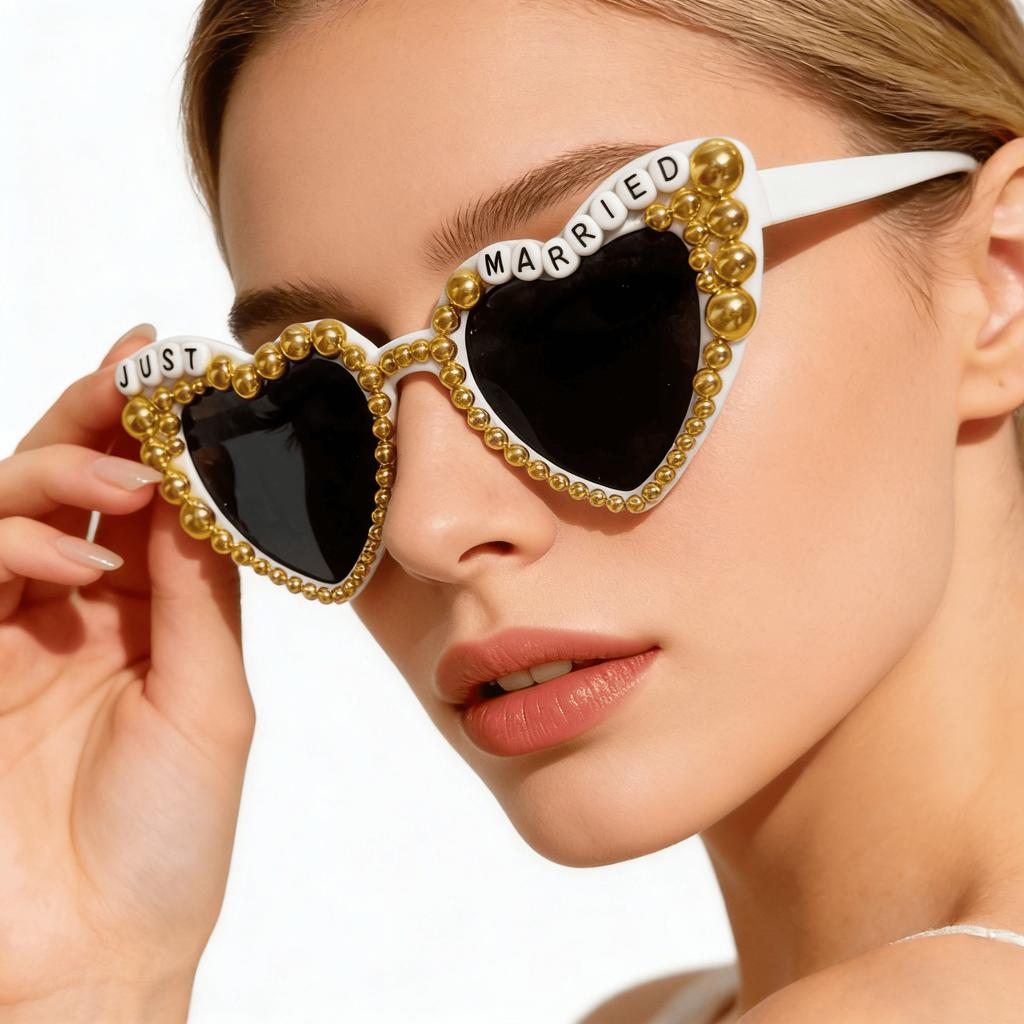 Bling Pearl Just Married Heart Sunglasses For Bride Bachelorette Party Wedding Honeymoon Fashion Eyewear KJ230