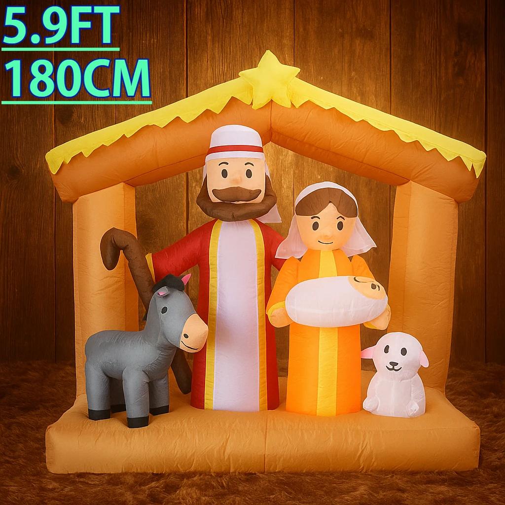 

1,8 м Рождественские украшения для двора Надувной рождественский вертеп Декор Святое семейство Осел Ягненок Светодиодная рождественская игрушка-украшение Подарки RU