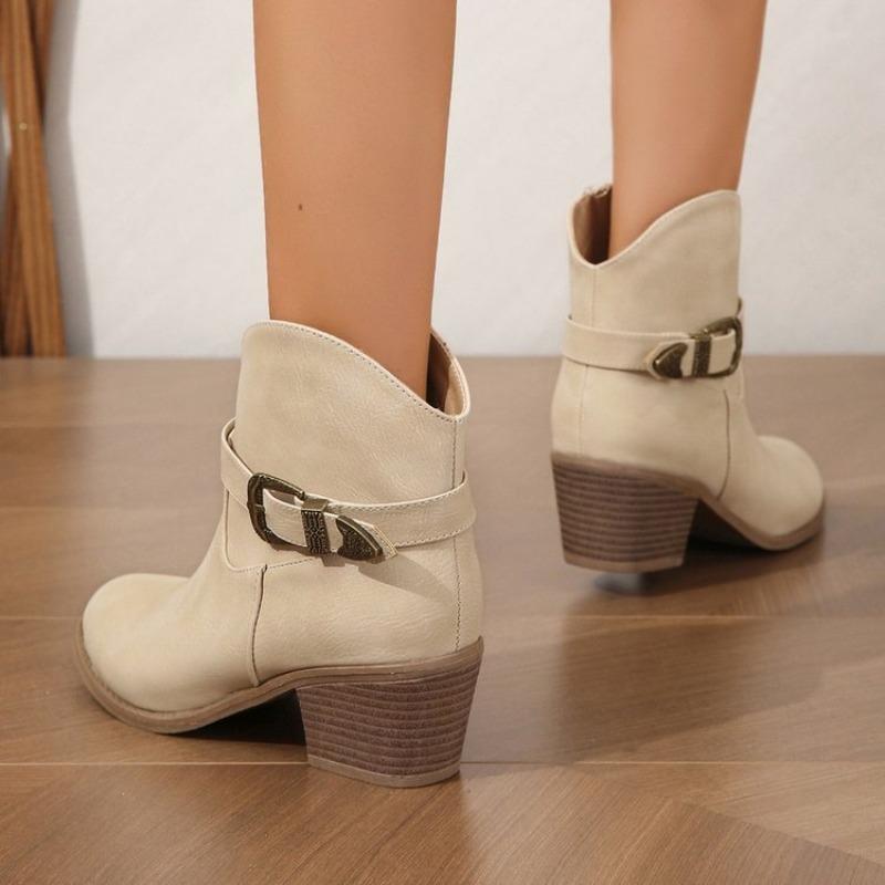 Large size western denim thick heel leather boots women's cross-border European and American style belt buckle side zipper middle heel Martin boots