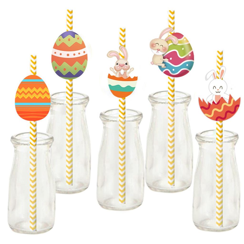 24pcs Easter Straws Paper Reusable Straws Easter Rabbit Straws Colorful Ring Straws Children Easter Party Supplies Gift
