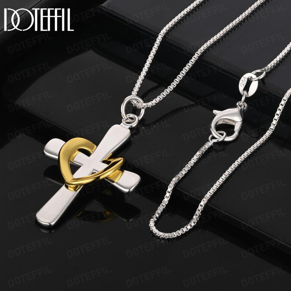 925 Sterling Silver Fashion Jewelry 18-inch Heart-Shaped Cross Pendant Necklace