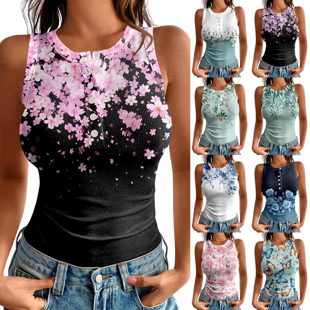 Women’s Sleeveless Ribbed Knit Tank Top with Floral Print Crew Neck Fitted Casual Pullover Shirt for Daily Wear