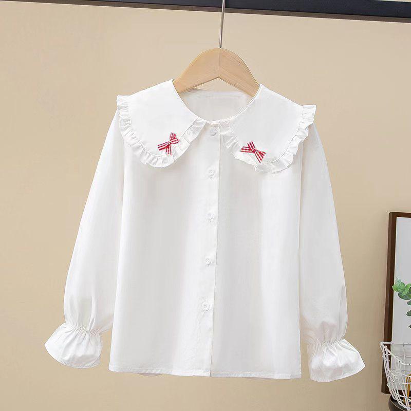Spring & Autumn Girls' Cotton Doll Collar Long Sleeve Shirt - Casual Trendy Top for Kids