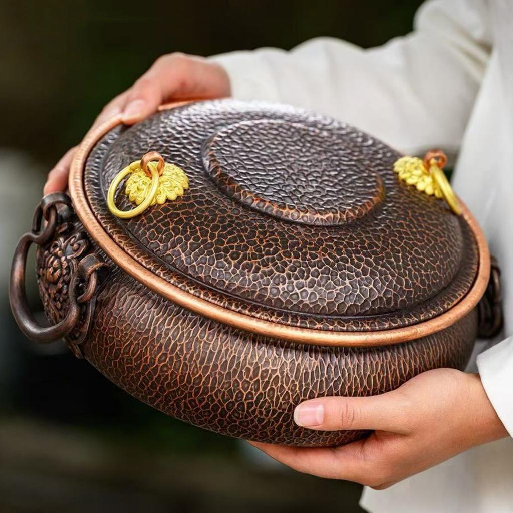 Handcrafted Vintage Copper Pot,Hot Pot Cooking Utensil With lid Simmering and Pasta Stewing,Hammer Texture 20 cm Handheld Pot