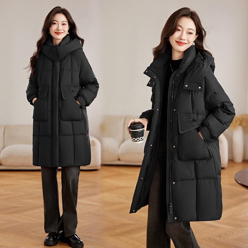 

Женский пуховик средней длины с капюшоном - Пух белой утки, Большие карманы, Теплая зимняя верхняя одежда (WN6105) M (90-115 jin)