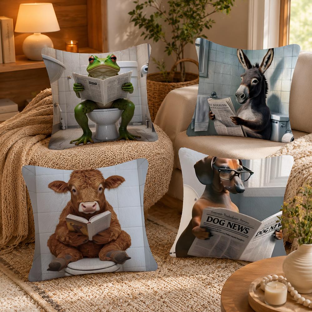 Bathroom Cat Reading On Toilet Cushion Cover Anti-dustmite Pillowcase Invisible zipper silky short plush Sofa cushion cover