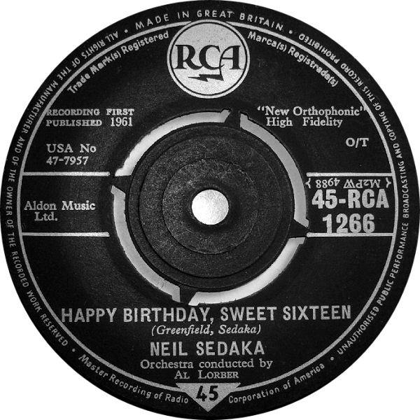 7inch Record NEIL SEDAKA - Happy Birthday, Sweet Sixteen 45RCA1266 RCA 1961 UK Rock Used