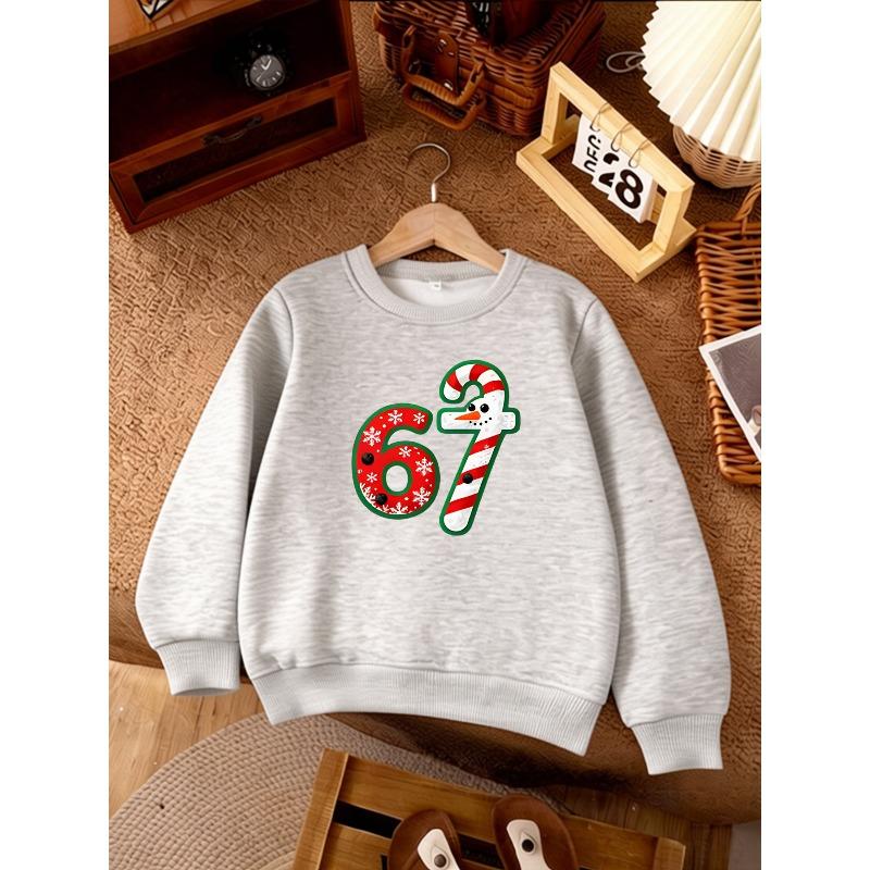Unisex Kids Pink Crewneck Sweatshirt For 4-12 Boys Girls Christmas Snowflake Candy Cane Snowman Number 67 Print Soft Fleece Long Sleeve Pullover
