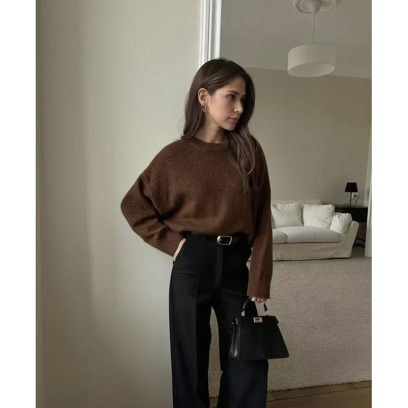 

Fashion Style New Fashion Casual Loose Pure Color round Neck Knitwear Sweater Loose Knit Sweater Brown L