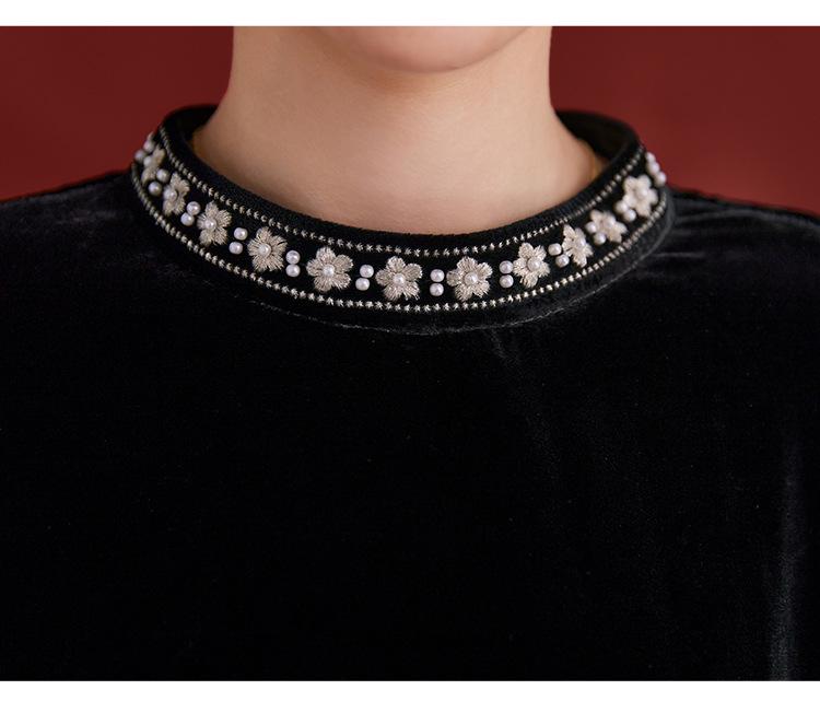 Festive Velvet Silk Dress: Round Neck, Solid Color, Mid-Length Skirt for Women 1983