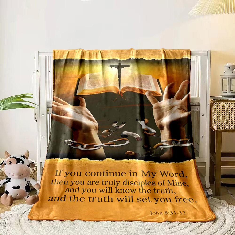 An open Bible, a cross, broken chains, and raised hands symbolize freedom. for all seasons blanket lunch break throw gift 80cm x 120cm