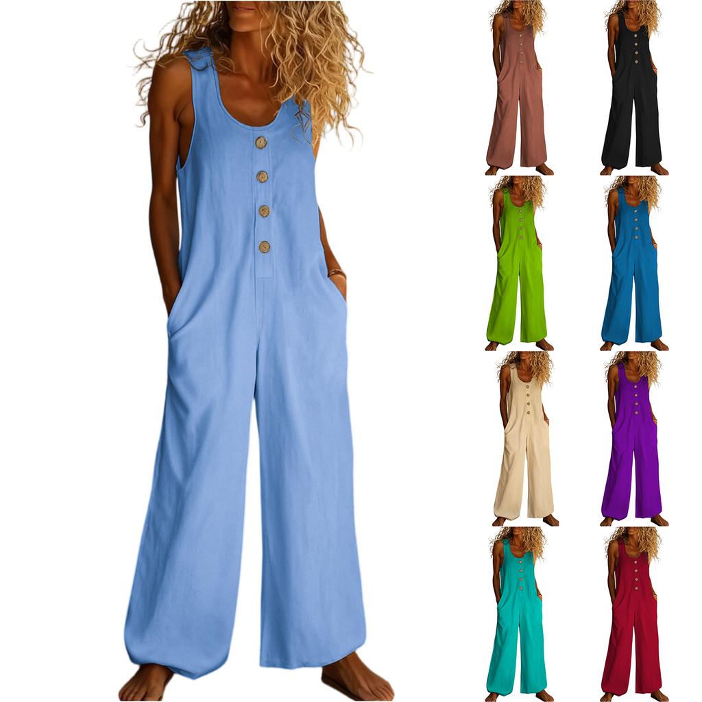 Casual Sleeveless Loose-fitting Jumpsuit With Pockets And Adjustable Straps For Women (long Length).