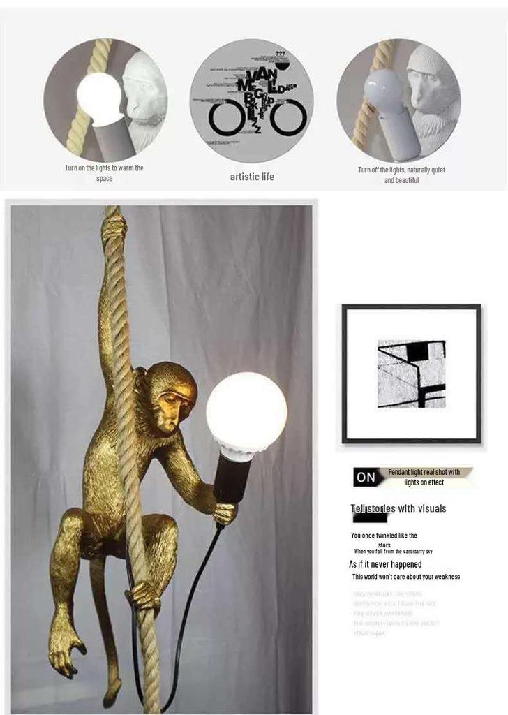 Industrial Style Monkey Lamp: Creative Hemp Rope Pendant for Restaurant, Kids' Room, or Store Display