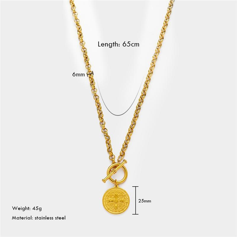 SF5229 Luxury Simple Portrait Round Coin Pendant OT Clasp Necklace 18K Gold Plated Waterproof Stainless Steel