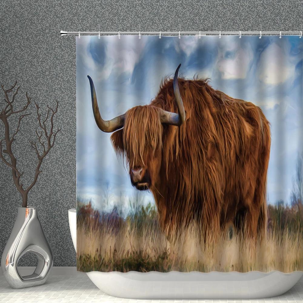 Animal Cow Shower Curtains Art 3D Printing Long Yak In The Grass Natural Scenery  Bath Curtain Polyester Cloth Bathroom Decor