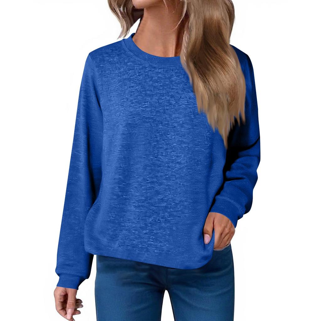 Women's Fashion Loose Round Neck T-Shirt Solid Color Casual Long Sleeve Top