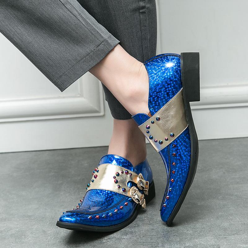 Couple Blue Enchantress Chelsea Boots Pointed Large Size High Heel Men's Leather Shoes Metal Spike Loafers