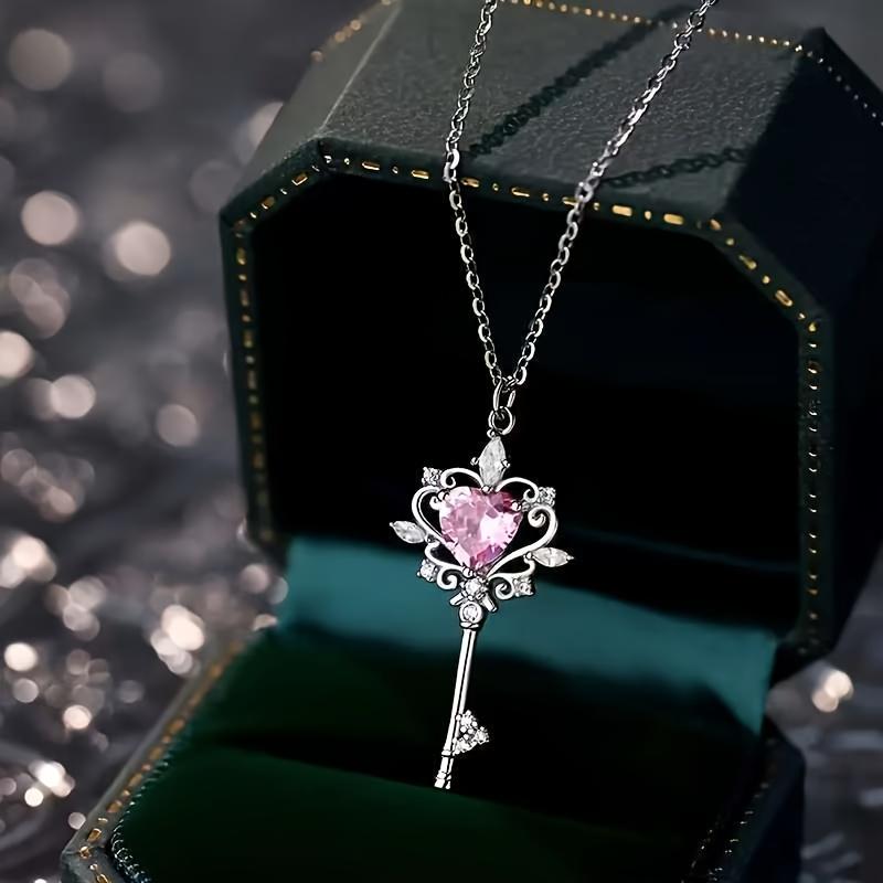

S925 Silver Key Necklace with Heart Shaped Opal - Perfect for Daily Wear and Gift Giving - Valentine S Day Gift розовый