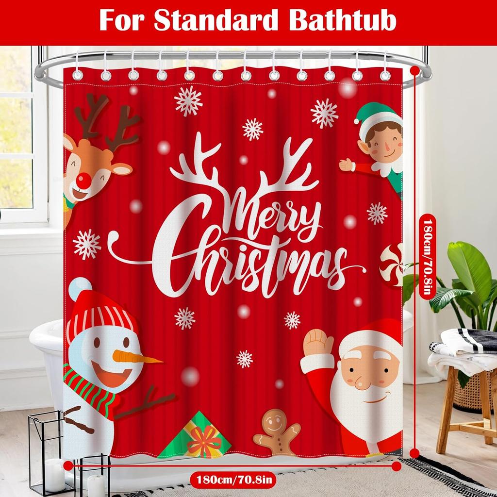 Christmas Shower Curtain For Bathroom Santa Claus Xmas Snowman Cute Red Funny Aesthetic Fabric Waterproof Bathroom Shower