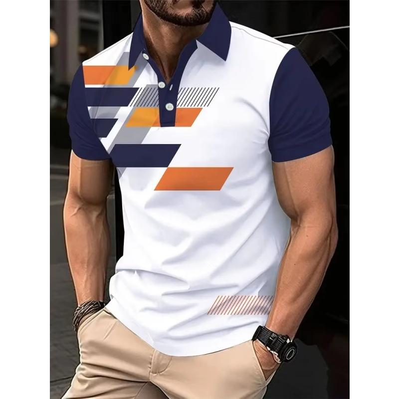 3D Printed Colorful Geometry Polo Shirt For Men Color Block Graphics Short Sleeves T-shirt Casual Button Tops Loose POLO Shirts
