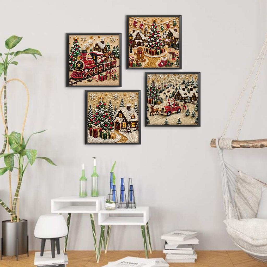 Framed Christmas Train Snowy Cottage Pearl Art Kits for Adults Beginner-Friendly Diamond Art Pearl Beads Painting Kit 30x30cm