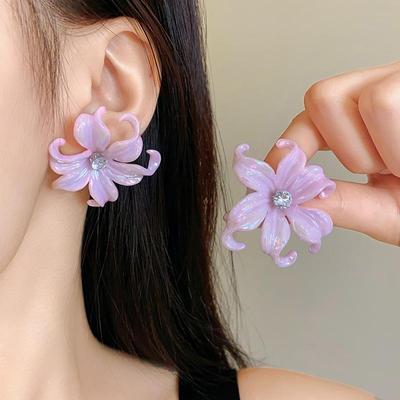 Pink Flower Women's Stud Earrings Korean Fashion Lovely Floral Sweet Summer Vacation Crystal Resin Elegant Party Ear Jewelry