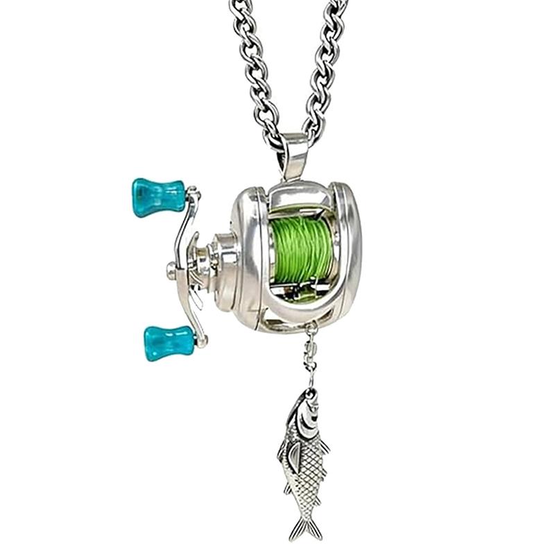 Collana Mini Mulinello da Pesca Manovella Rotante da Pesca & Guidafilo Mobile Portachiavi Mulinello da Spinning Ciondolo per Zaino Per Pescatori