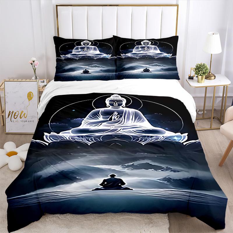 Juego de Funda Nórdica de 3 Piezas con Estatua de Buda con Una Funda Nórdica y Dos Fundas de Almohada (Sin núcleo) - Diseño de Dibujos Animados de Anime, Perfecto para Decoración de Dormitorio y Habitación de Invitados