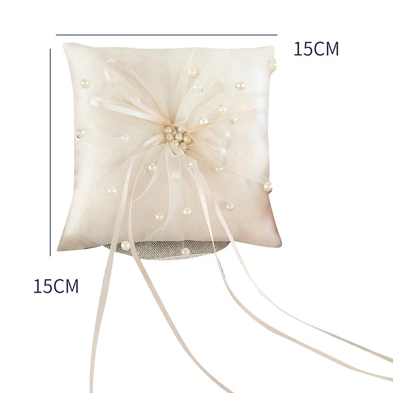 Dubbel rosett band pärlor romantisk ringkudde bröllopsceremoni ficka ringkudde dyna bärare med band dekoration