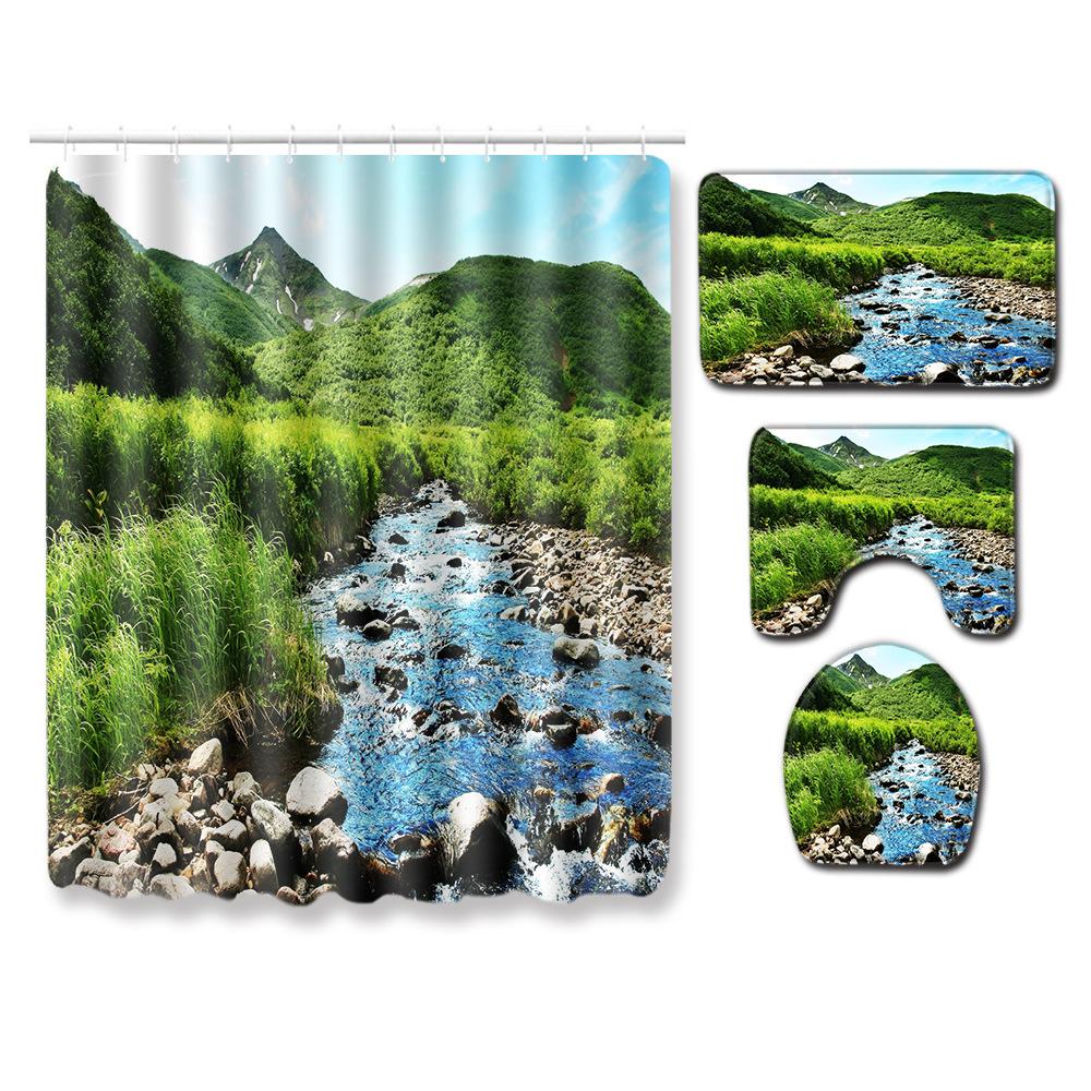 Landscape Shower Curtain Floor Mat Combination Four-Piece Set Bathroom Toilet Carpet Shower Room Mat Foot Mat