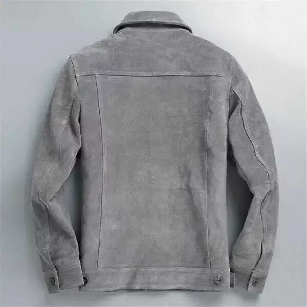 Shirt Button Handmade Stylish Party Wear Leather Trucker Jacket Men Gray Pure Suede