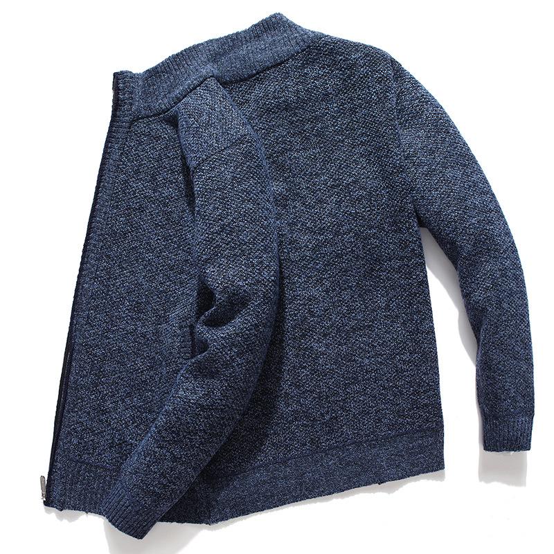 Men's Autumn/Winter Plus Velvet Zipper Knitted Cardigan Jacket with Stand Collar and Solid Color
