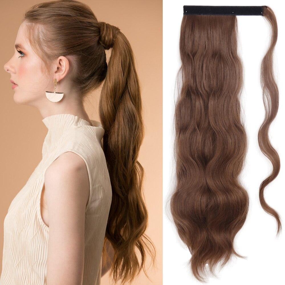 XINRAN Langer, gewellter Pferdeschwanz zum Umwickeln, synthetischer Pferdeschwanz, Clip-in-Haarteil, schwarz-blond, burgunderfarbener Wellen-Pferdeschwanz für Frauen