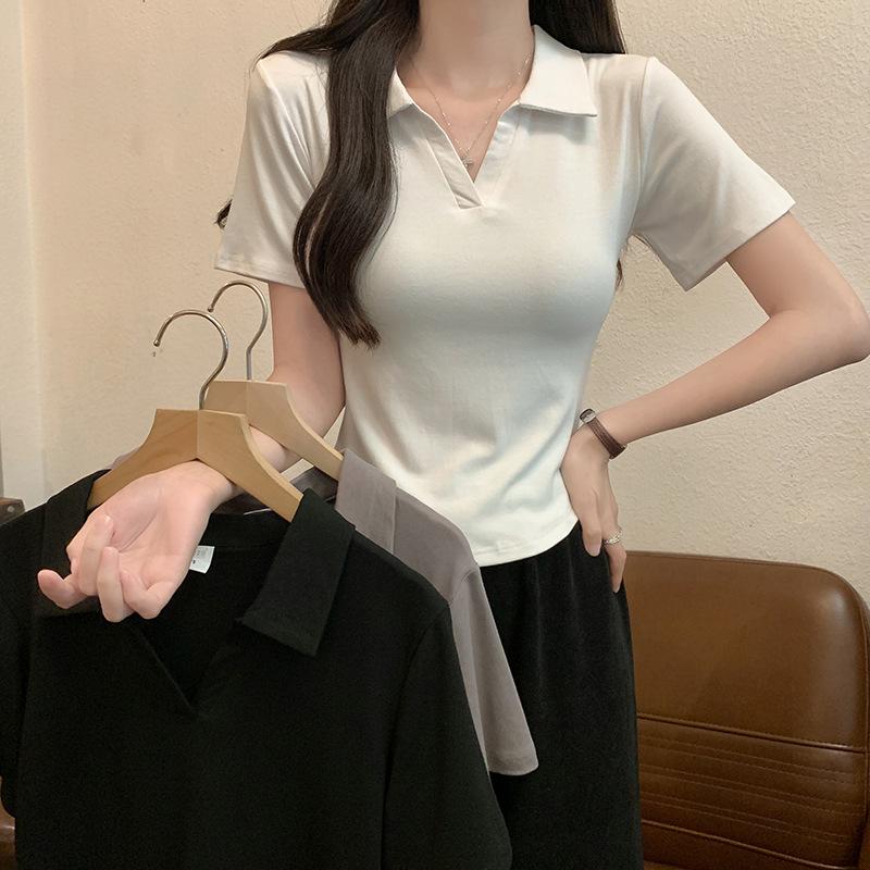 Korean Design Temperament Front Shoulder Short-sleeved Polo Collar T-shirt Women's Summer Fashion Casual and Thin Short Top Ins