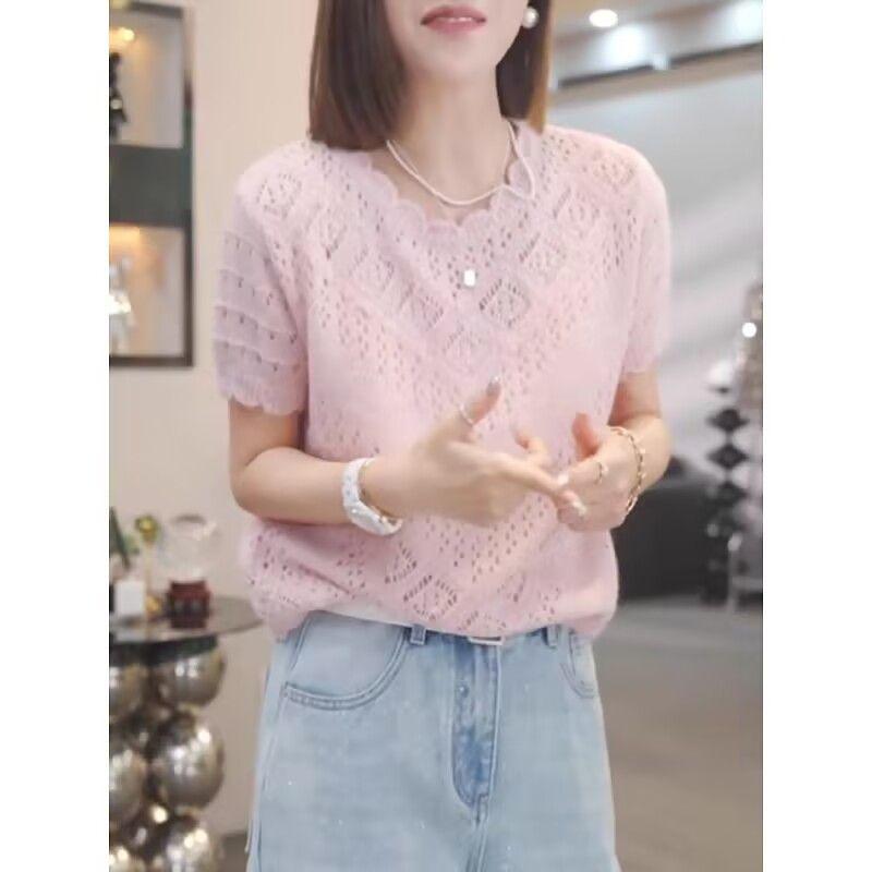 Frühling Sommer Haken und Blume Hohl Kurzarm Strickpullover T-Shirt für Damen Rundhals Dünn Locker Oberteil