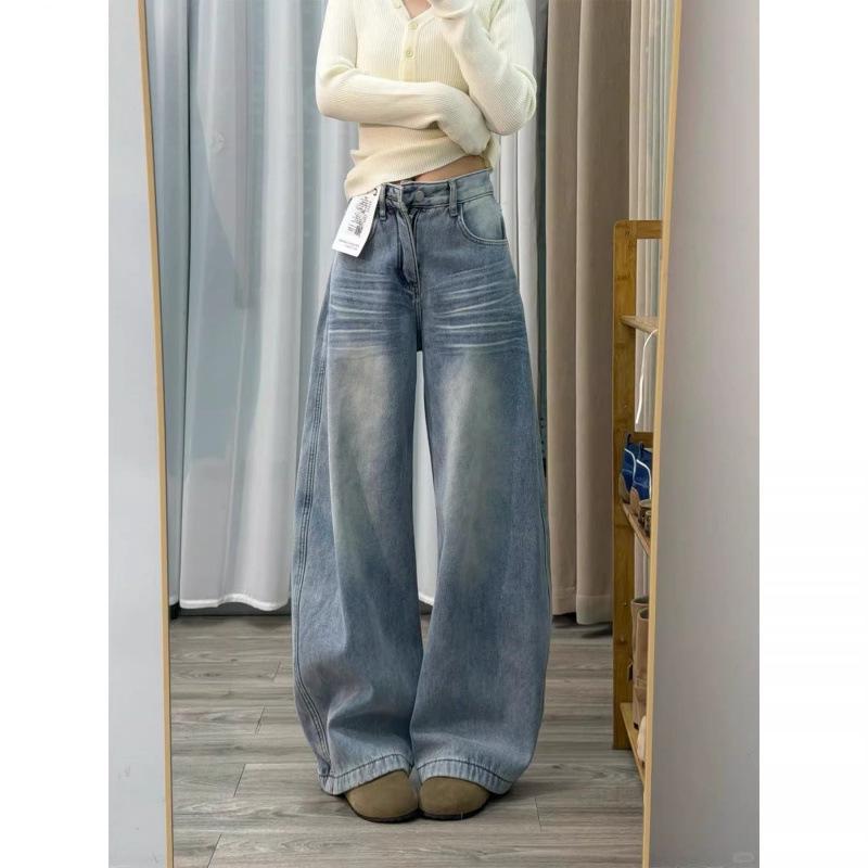 Spring Washed High-Waisted Wide-Leg Jeans for Women with American Pocket Design