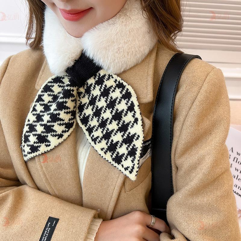 Women Plush Scarf Winter Windproof Warm Simple Plaid Cross Neckerchief For Winter Coat Dress