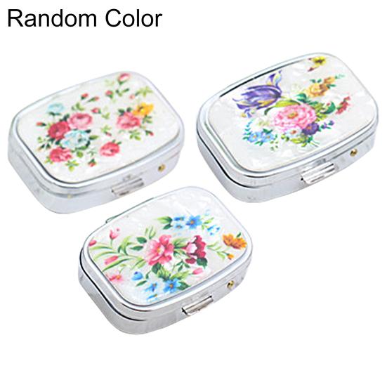 Metal Pill Box with Mirror Reusable Compact Portable Classified Store Pills Flower Print Oblong Shape Large Capacity Pill Organizer for Travel