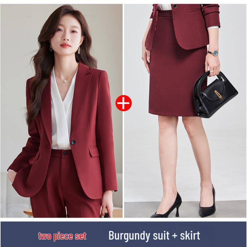 Women's Plus Size Wine Red Blazer Set - Elegant Formal Wear for Art Exams and Professional Hosting