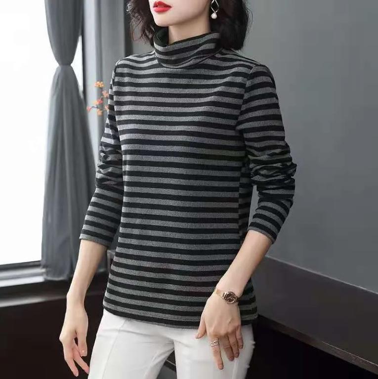 Dámský sametový top s dlouhým rukávem a pruhy, s vysokým límcem, nadměrná velikost, na podzim a zimu 2024