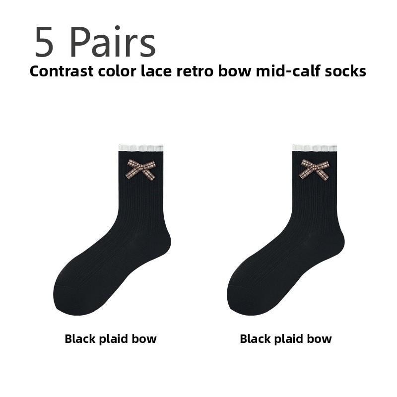 

5 пар симпатичных женских носков длиной до середины голени с белым кружевом и бантом на весну и осень 5 Pairs чёрный