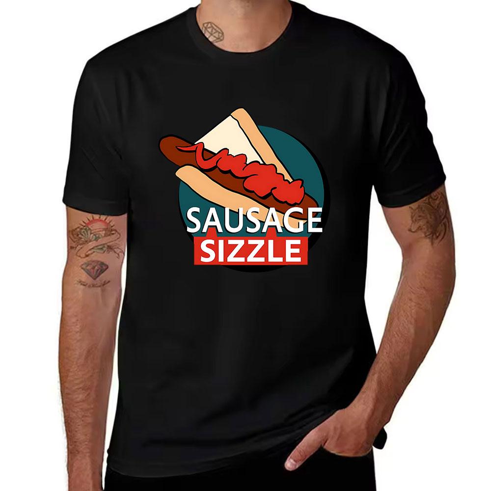 Unisexs Cotton Short Sleeve Tshirt With Fun Sausage Sizzle Hot Dog Graphic Casual Summer Tee For Food Lovers