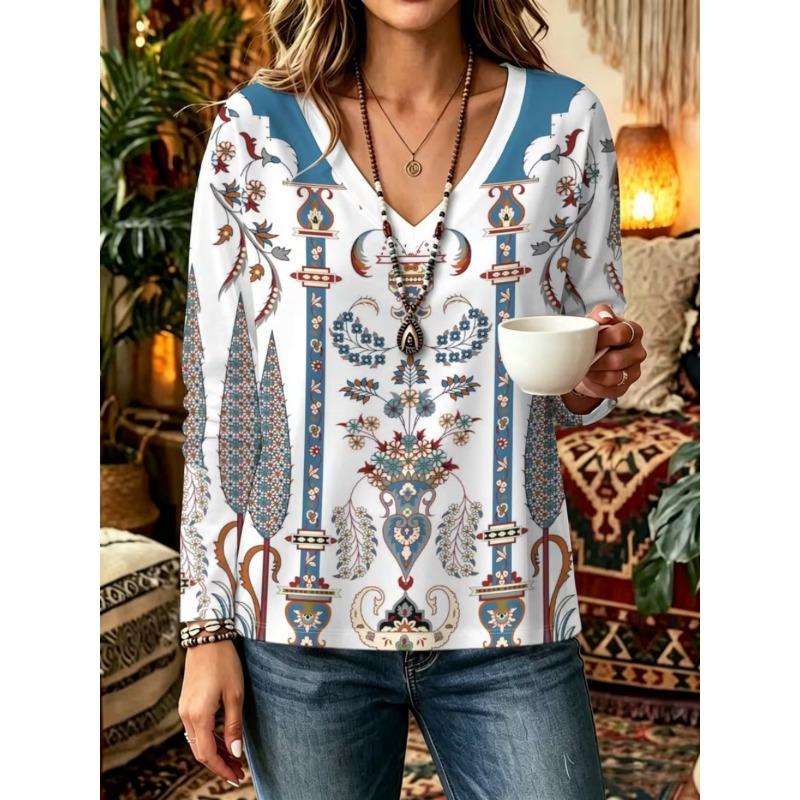 Autumn and Winter Women's Long-sleeved V-neck T-shirt